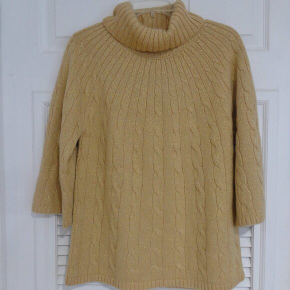 Alfani Womens Metallic Gold 3/4 Long Sleeves Turtle Neck Cable Knit Sweater Sz L - Picture 1 of 6